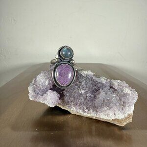 Sterling Silver Ring Purple Precious Stone & Blue Moonstone Oval Size 6.5